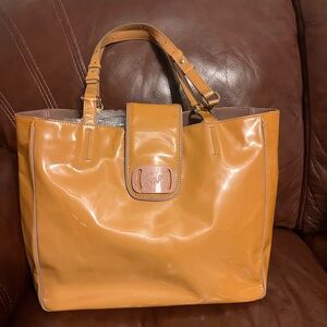 Salvatore Ferragamo  Patent Leather Tote in Caramel Nude w/ Button Flap